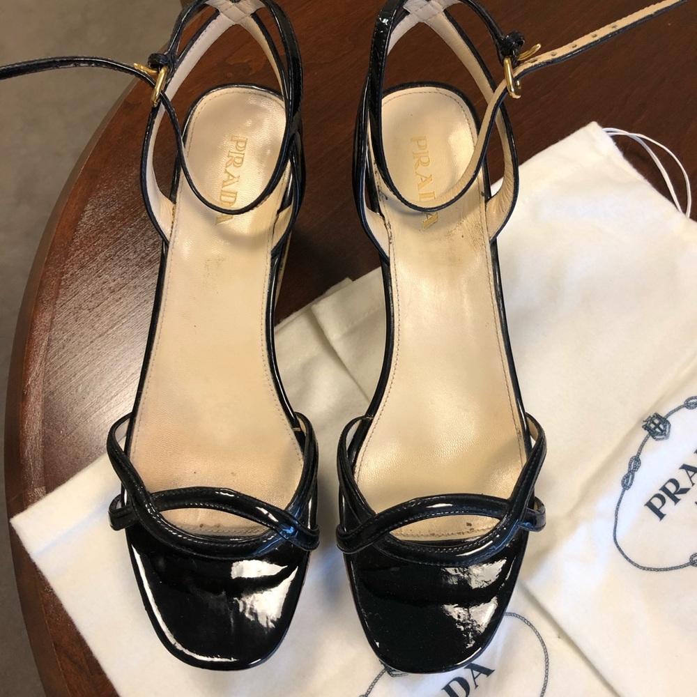 Prada cork wedge black patent sandals size 40